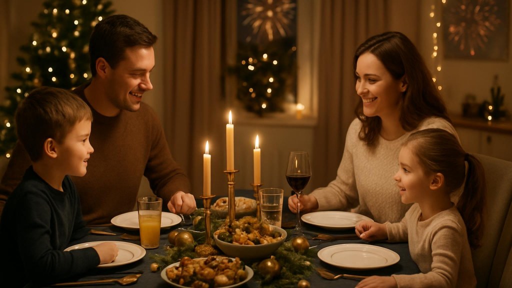 Famiglia con bambini in ambiente accogliente per Capodanno